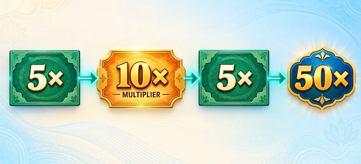 Illustrated example showing 5× outer values, a 10× centre multiplier and a 50× result.