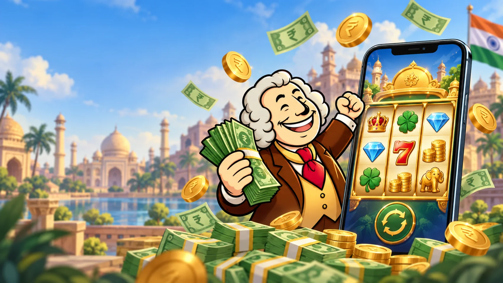 Colourful casino illustration with rupee-themed decorations and a character beside a slot-style phone.